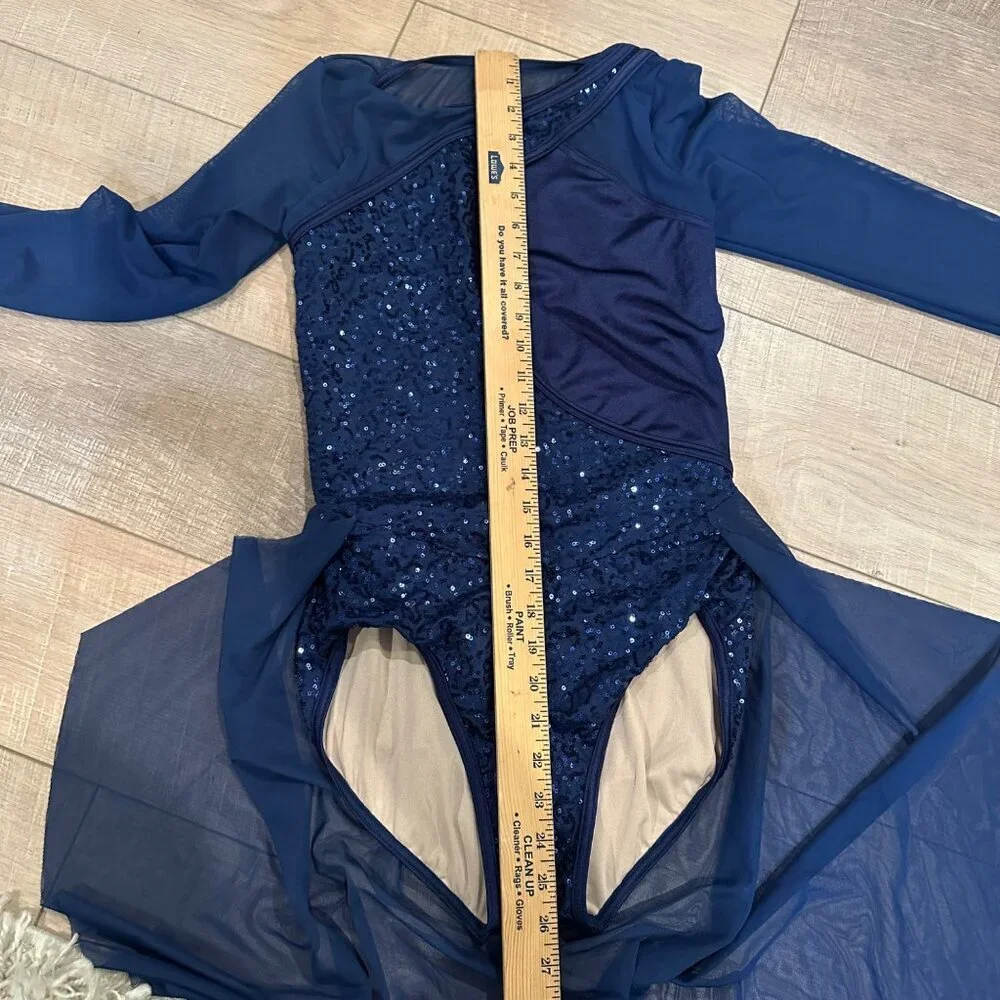 Balera Navy Blue Long Sleeve Dance Costume With Sequin Bodice & Mesh Skirt MA - Picture 4 of 9
